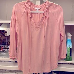 Pink tie neck, V-neck blouse